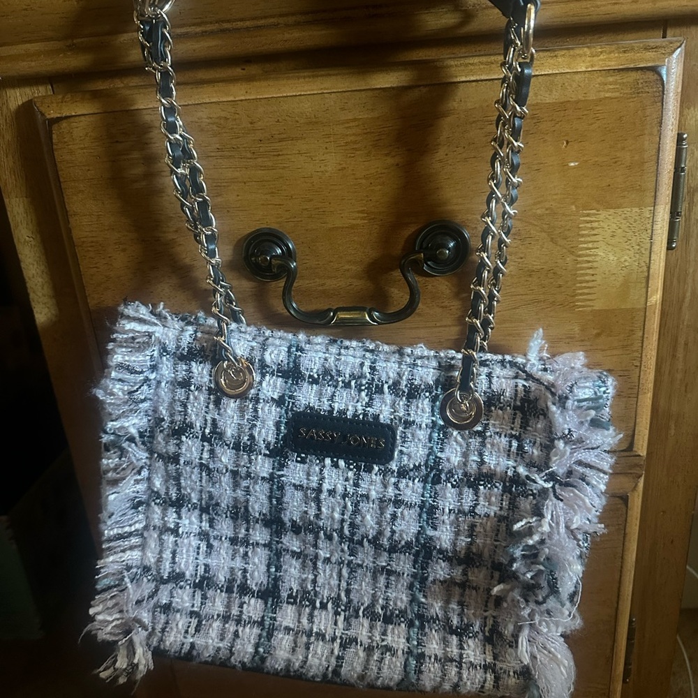 Sassy Jones Pink, Black and White Shoulder Bag with Tweed Design